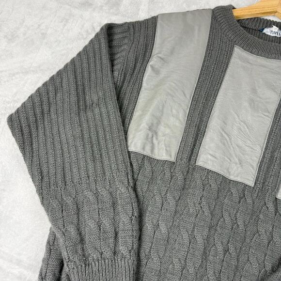 Vintage Angelo Wool Blend Cable Knit Leather Panel Sweater 52 Made In Italy 90s - Picture 8 of 9